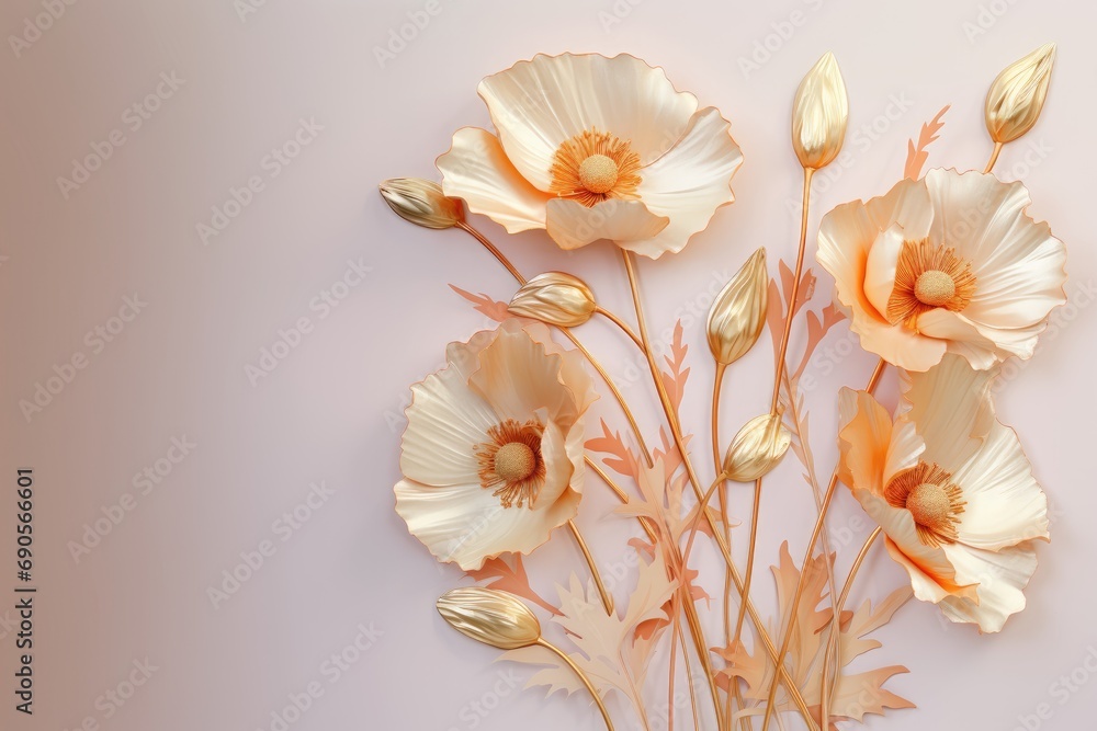 Obraz premium Golden poppy branches on elegant pastel background. Wedding invitations, greeting cards, wallpaper, background, printing, poster, social ads, banner