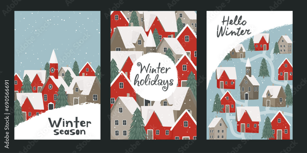 Set of winter postcards. Set of advertising flyers. Discount coupon. Christmas spread. Spring sale.