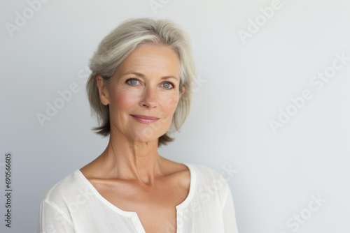 Portrait of a beautiful senior woman with short hair against grey background