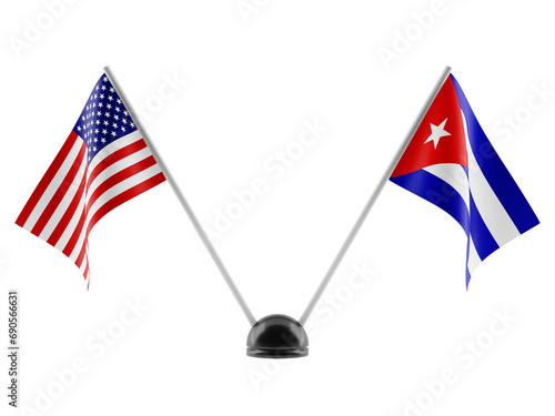 Stand with two national flags. Flags of Cuba and the USA. Isolated on a transparent background. 3d render