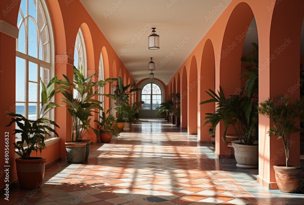 Vibrant and Inviting Hallway with Arches and Potted Plants Vibrant and Inviting Hallway with Arches and Potted Plants