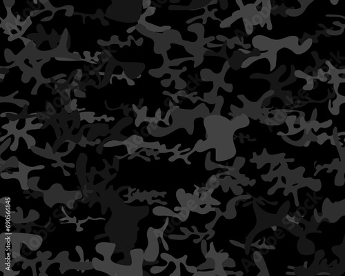 Camouflage Military Hunter. Army Urban Canvas. Seamless Brush. Black Fabric Pattern. Woodland Vector Background. Camo Abstract Print. Digital Dirty Camouflage. Dark Camo Paint. Repeat Black Texture.