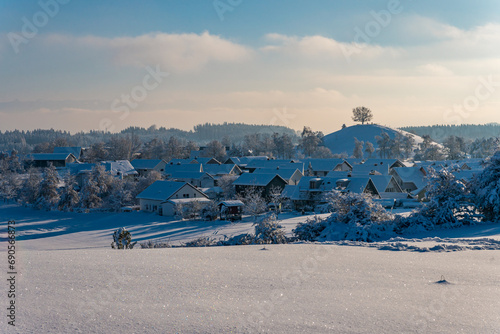 Snowy and beautiful winter landscape in Waldburg in Upper Swabia