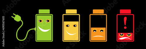 Funny batteries character set from empty to full battery capacity level illustration. Car, vehicle, phone charging recharging status concept design to use in technology, phone, automotive designs. 
