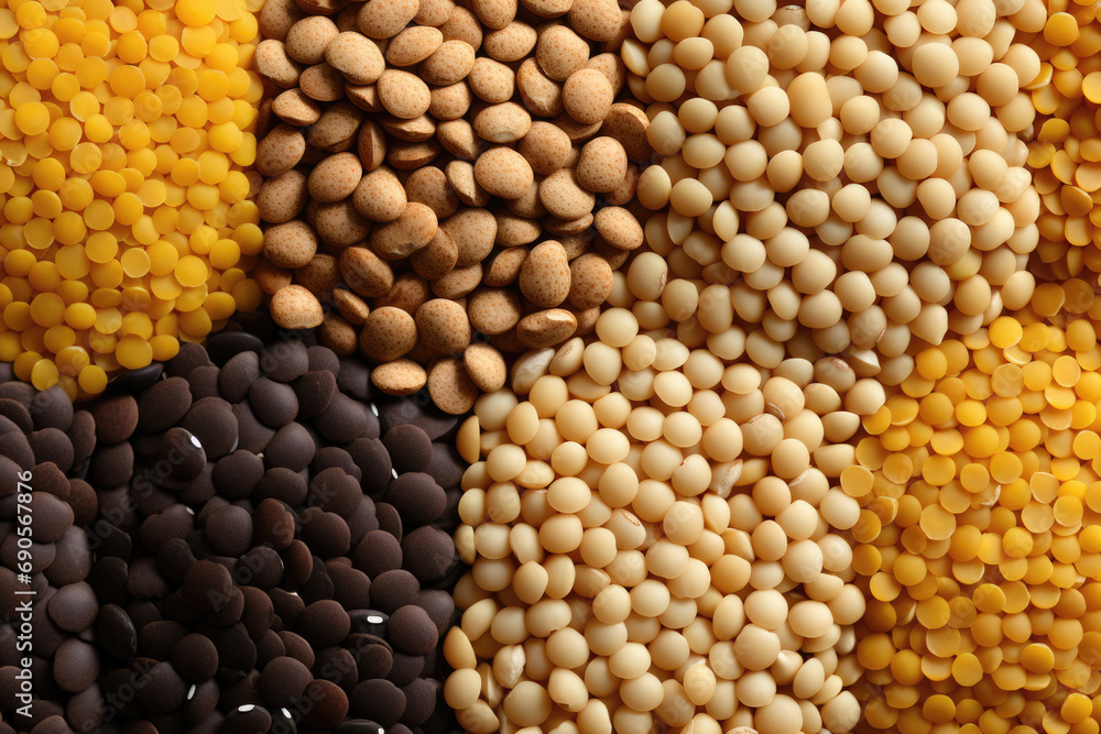 Overhead view of a collection of beans in a diagonal gradient from dark brown to light beige, including kidney beans and chickpeas. Overhead view of a collection of beans in a diagonal gradient from dark brown to light beige, including kidney beans and chickpeas.