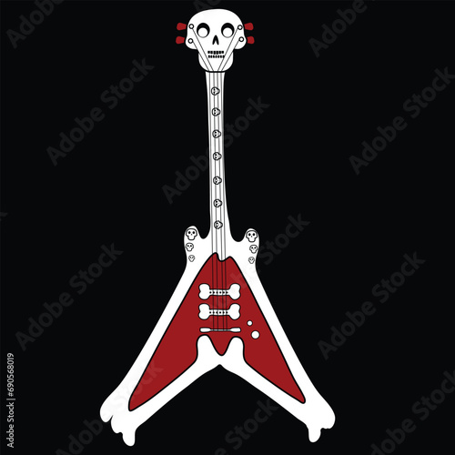 Red Skeleton guitar with scull.Rock Guitar on Black background.Cartoon style.Rock poster.