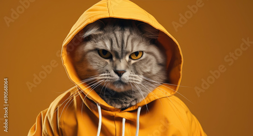 Serious gray cat with captivating yellow eyes cloaked in a yellow hoodie, set against a monochrome background. photo