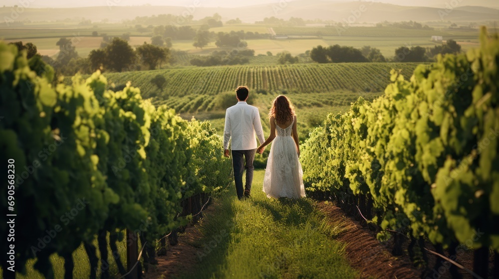 A couple strolling hand in hand amidst a picturesque vineyard, capturing the essence of romance and natural beauty.
