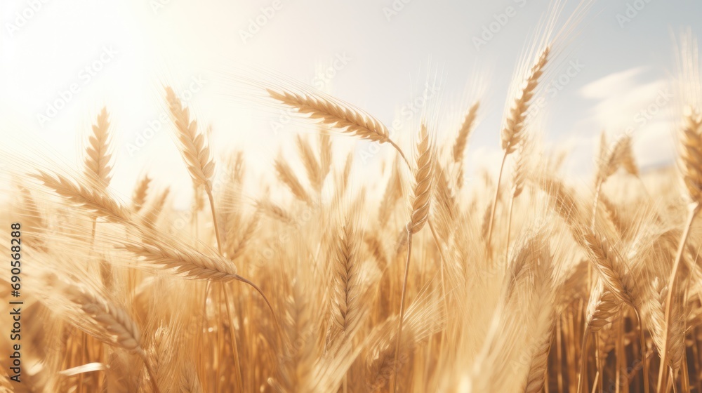 Fototapeta premium A field of golden wheat ready for harvest with a farmer operating a mill nearby.