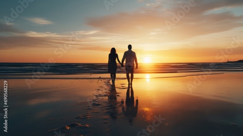A couple walking hand in hand along the sandy beach, with the sparkling ocean in the background.