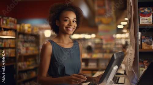 A friendly African American saleswoman helps customers in a grocery mini-market, operating as a cashier and facilitating a seamless shopping experience.