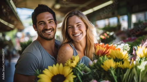 A happy couple enjoying fresh produce at a bustling farmers market.