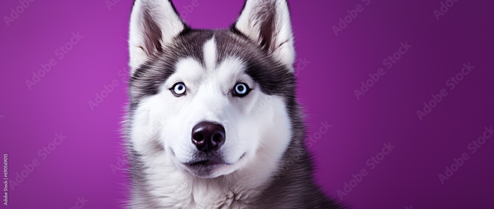 A close-up portrait of a husky dog with blue eyes and a purple background