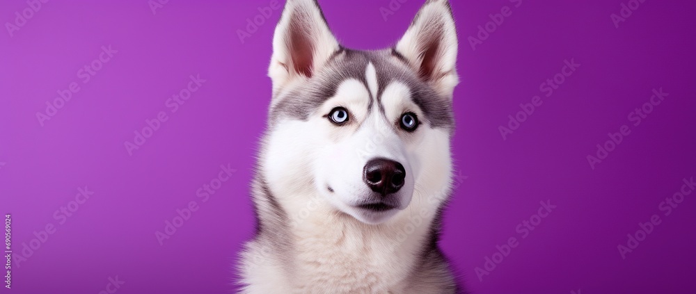 A close-up portrait of a husky dog with blue eyes and a purple background A close-up portrait of a husky dog with blue eyes and a purple background