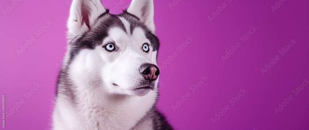 Fototapeta premium A close-up portrait of a husky dog with blue eyes and a purple background