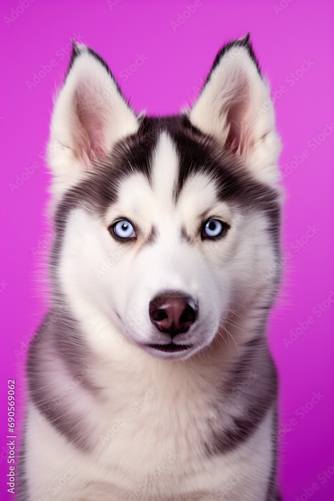 A close-up portrait of a husky dog with blue eyes and a purple background A close-up portrait of a husky dog with blue eyes and a purple background