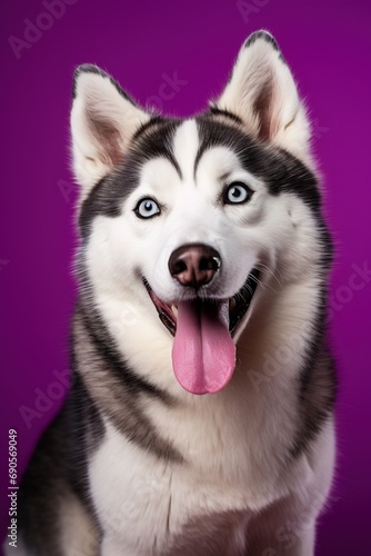 A close-up portrait of a husky dog with blue eyes and a purple background