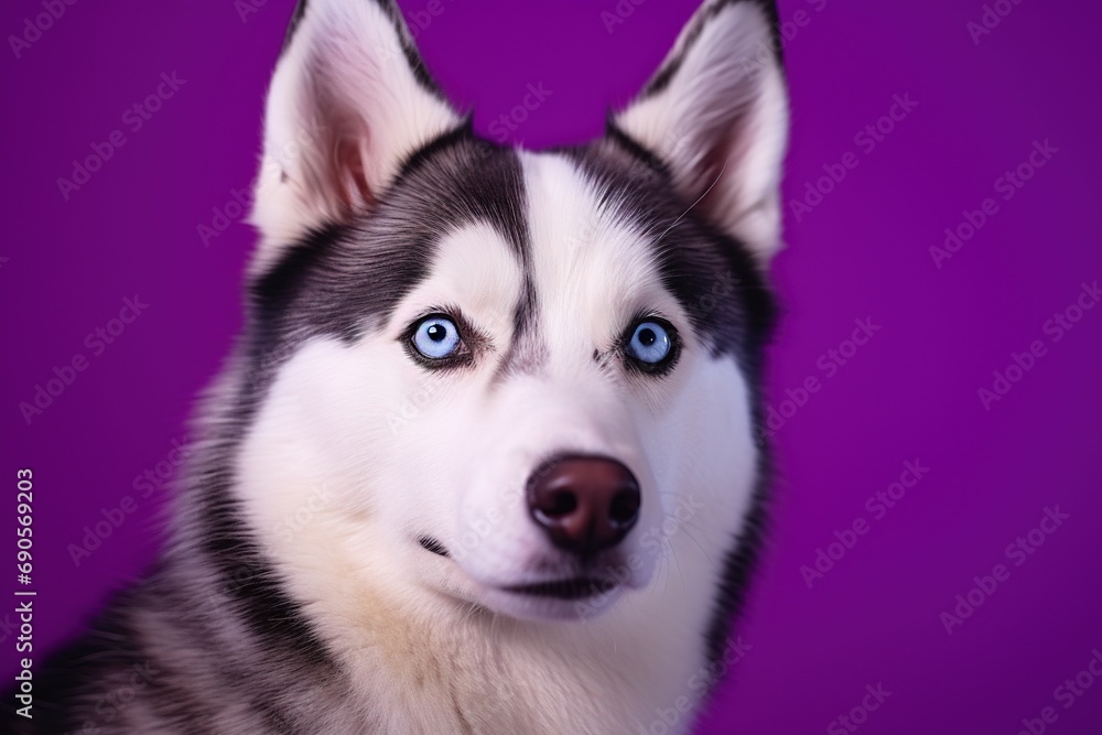 A close-up portrait of a husky dog with blue eyes and a purple background