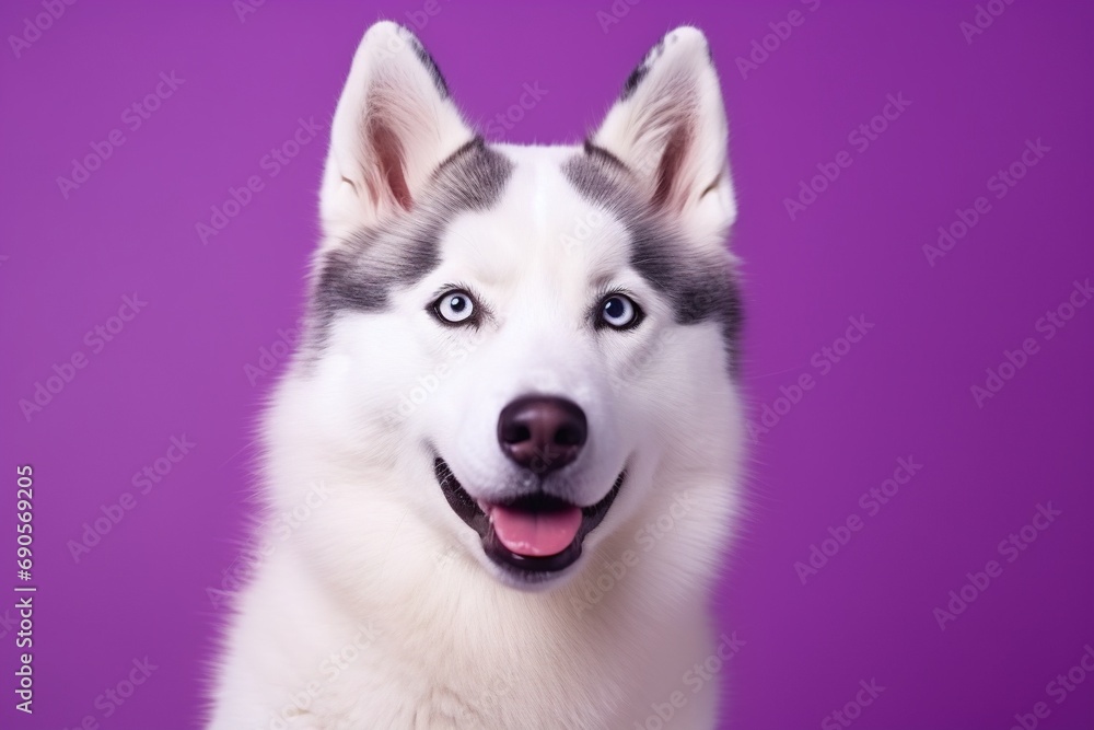 A close-up portrait of a husky dog with blue eyes and a purple background A close-up portrait of a husky dog with blue eyes and a purple background