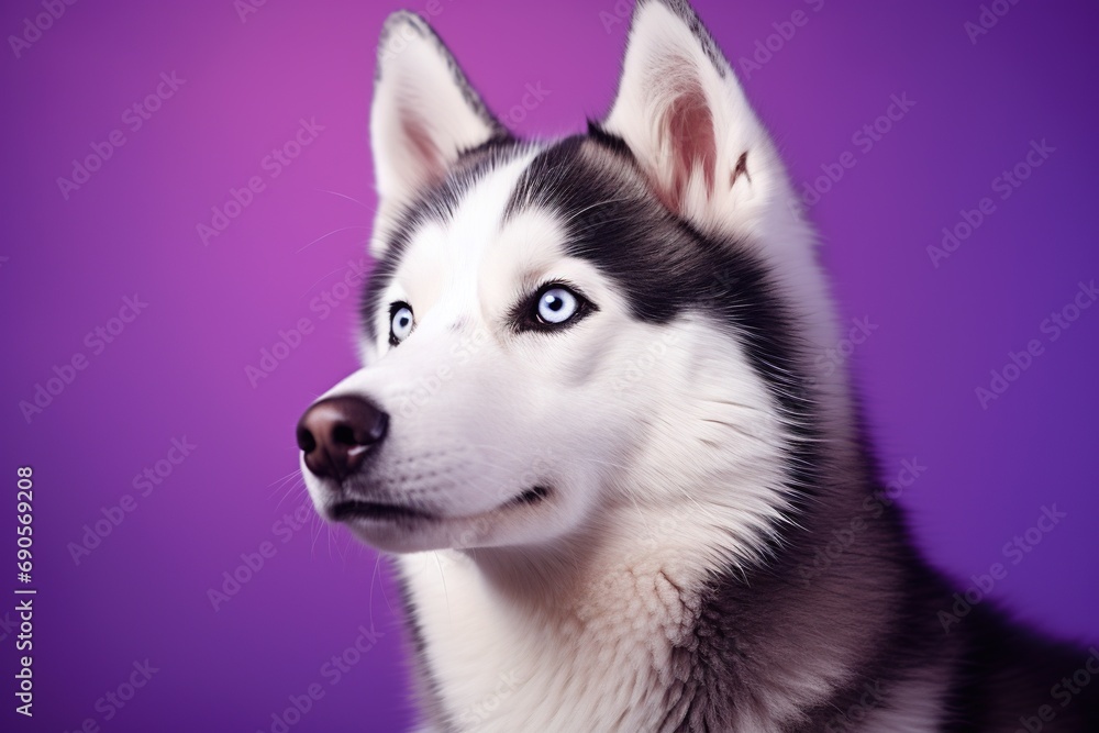 A close-up portrait of a husky dog with blue eyes and a purple background