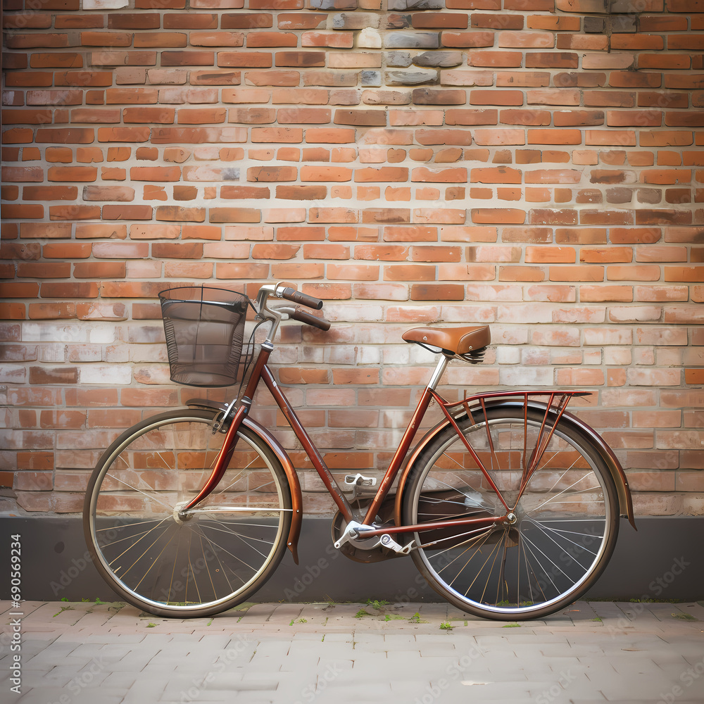 Vintage bicycle leaning against a brick wall.