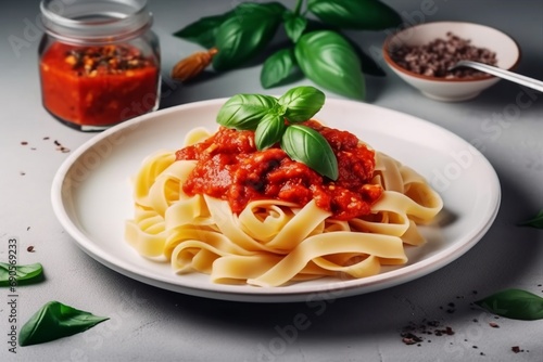 Pasta Tagliatelle Bolognese with meat tomato sauce and fresh basil leaves on white plate. Light gray table. Selective focus. generative ai.