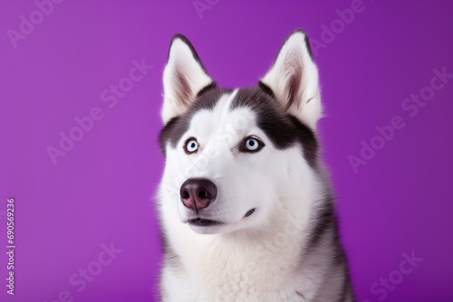 A close-up portrait of a husky dog with blue eyes and a purple background