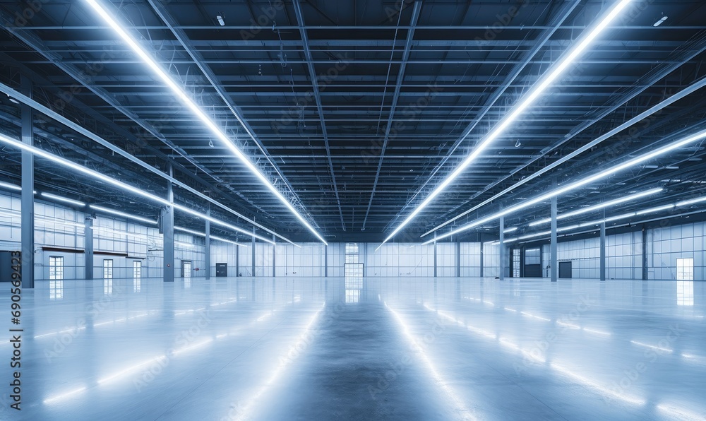 Bright Lights Illuminate Empty Warehouse