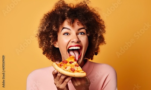 A Joyful Woman Enjoying a Delicious Slice of Pizza with Her Wide Smile
