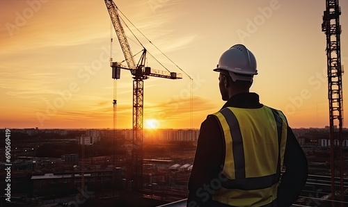 Construction Site Worker Wearing Hard Hat and Standing © uhdenis