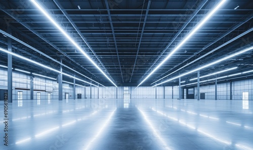 Bright Lights Illuminate Empty Warehouse © uhdenis