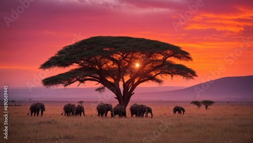 A Majestic Herd of Elephants Under the Serene Sunset