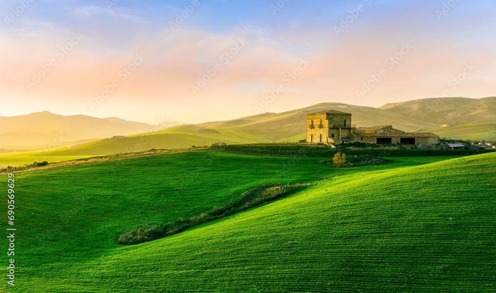 green field in countryside at sunset in the evening light. beautiful spring landscape in the mountains. grassy field and hills. rural scenery