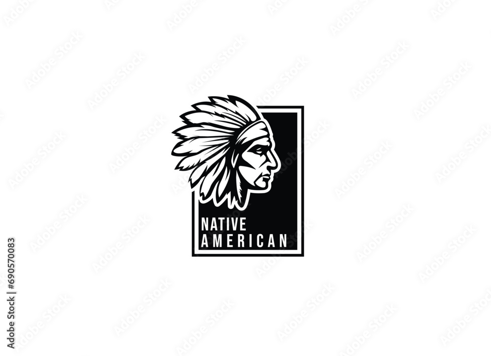 Indian Man Logo vintage style chief Apache mascot design character black and wahite silhouette vector illustration