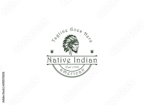 Indian Man Logo vintage style chief Apache mascot design character black and wahite silhouette vector illustration photo