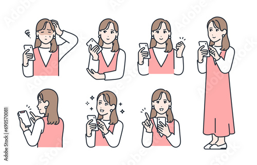 スマートフォンと若い女性のシンプルなベクターイラストセット素材