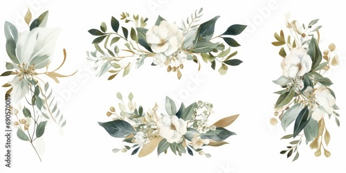 Watercolor floral illustration set. bouquets, frame, border. White flowers, rose, peony, gold green leaf branches collection. Wedding invites, wallpapers, fashion. Eucalyptus olive, Generative AI 