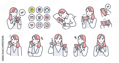スマートフォンを持つ若い女性の表情バリエーションセット