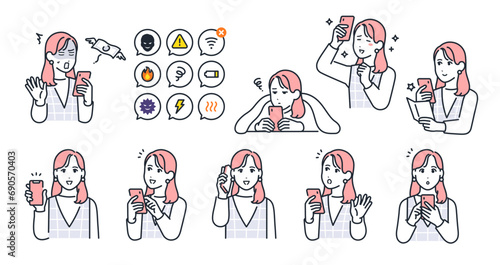 スマートフォンを持つ若い女性のポーズバリエーションセット