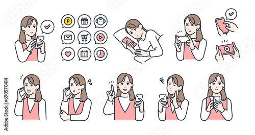 スマートフォンを持つ若い女性の表情バリエーションセット
