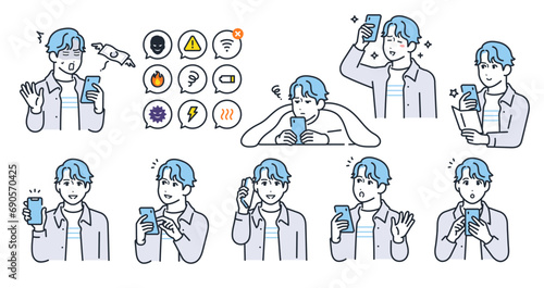 スマートフォンと若い男性のシンプルなベクターイラストセット素材