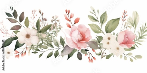 Watercolor floral illustration bouquet set. green leaves, pink peach blush white flowers branches. Wedding invitations, greetings, wallpapers, fashion, prints. Eucalyptus, olive, peony, Generative AI 