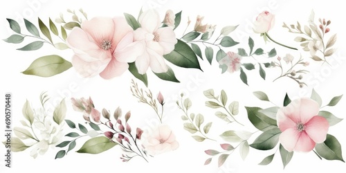 Watercolor floral illustration bouquet set. green leaves, pink peach blush white flowers branches. Wedding invitations, greetings, wallpapers, fashion, prints. Eucalyptus, olive, peony, Generative AI 