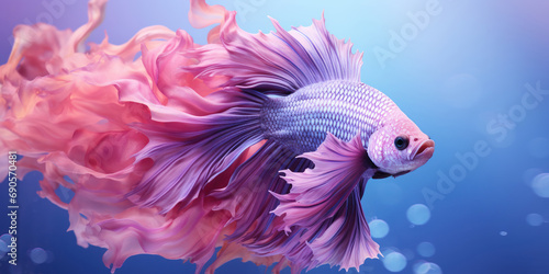 Majestic purple betta fish glides through tranquil waters, its fins flowing like silk among soft pink corals
