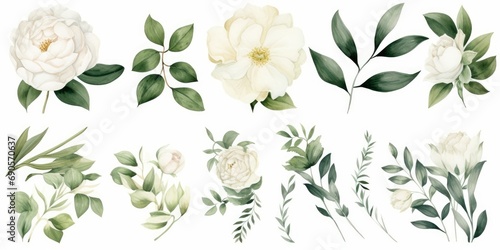 Water color floral illustration set. White flowers, green leaves individual elements collection. Rose, peony, eucalyptus. For bouquets, wreaths, wedding invitations, anniversary, Generative AI