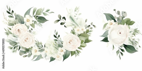 Watercolor floral illustration set. bouquets and wreath. White flowers, rose, peony, green leaf branches collection. Wedding invites, wallpapers, fashion. Eucalyptus olive leaves, Generative AI  #690570883