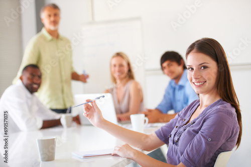 Presentation meeting, business portrait and happy woman, staff or workforce for sales pitch, proposal or workshop notes. Startup project planning, smile and consultant with brainstorming idea group © ArcursJointTeam/peopleimages.com