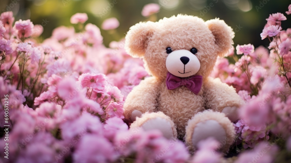 Fototapeta premium Adorable teddy bear sitting on a bed of flowers.