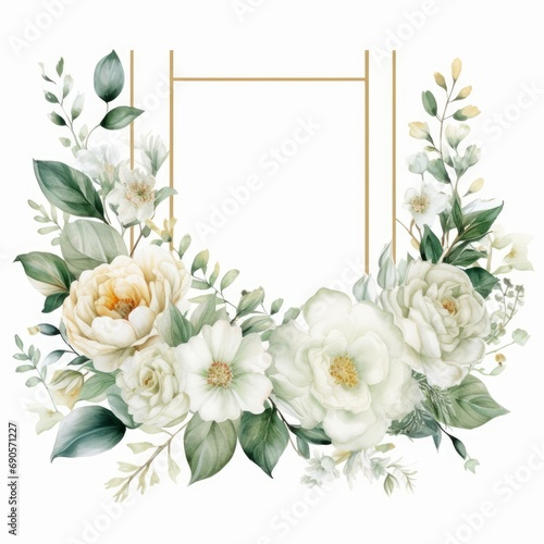 Watercolor floral illustration - white flowers, rose, peony, green and gold leaf frame, border for wedding stationary, greetings, wallpapers, fashion, background. Eucalyptus, olive, Generative AI 