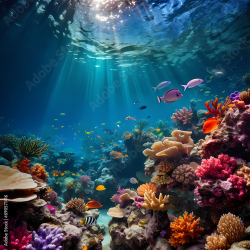 Underwater scene with diverse marine life and colorful coral reefs © Cao